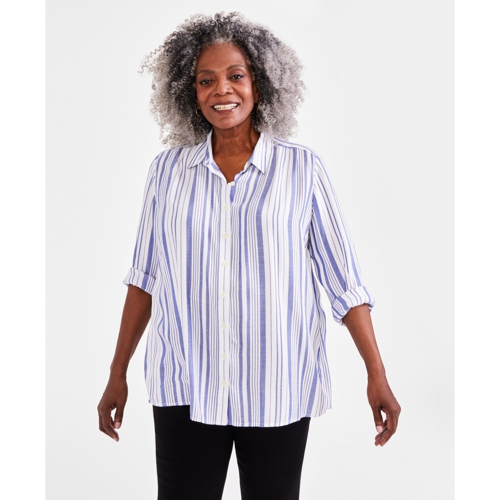 Style & Co Top Womens‎ 1X Blue/White Stripes Button Up Long Sleeve Shirt Woven